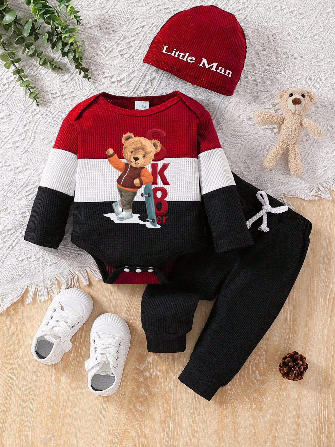 Autumn Winter Kids Hooded 2-Piece Set Cute Bear Print Red-White-Black Color Block Warm Knitted Cotton “Love Baby” Lettered Hood