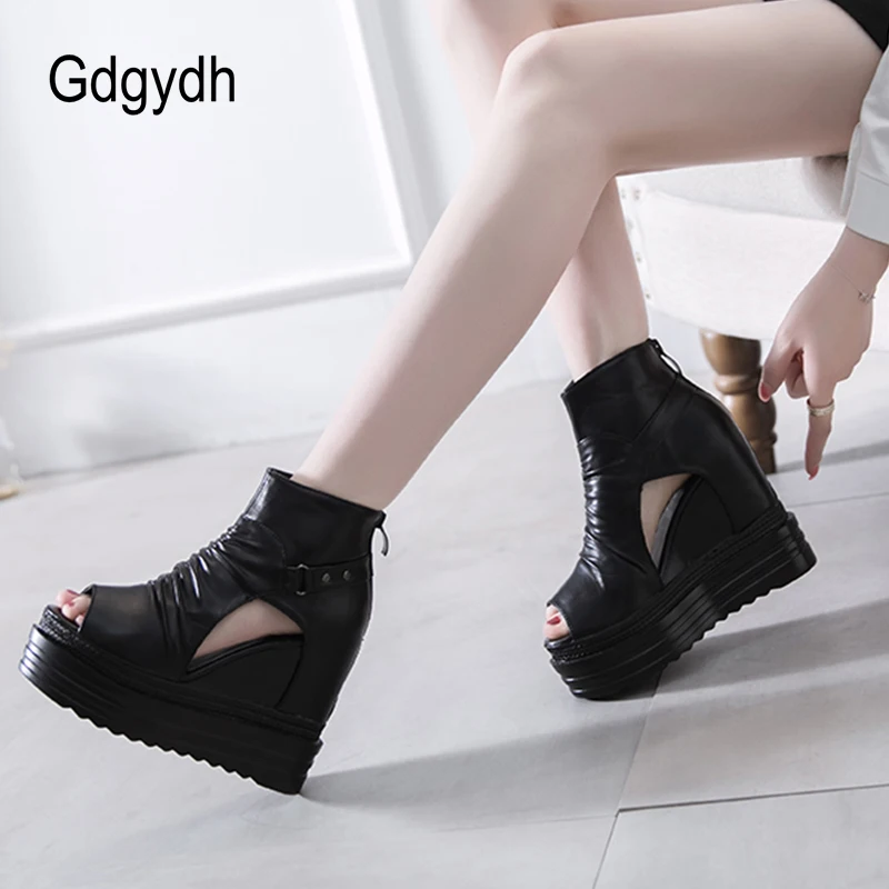 Gdgydh Spring and Summer Open Toe Ankle Boots for Women with Heel Hollow Out Black Wedge Boots Height Increased Korean Japanese