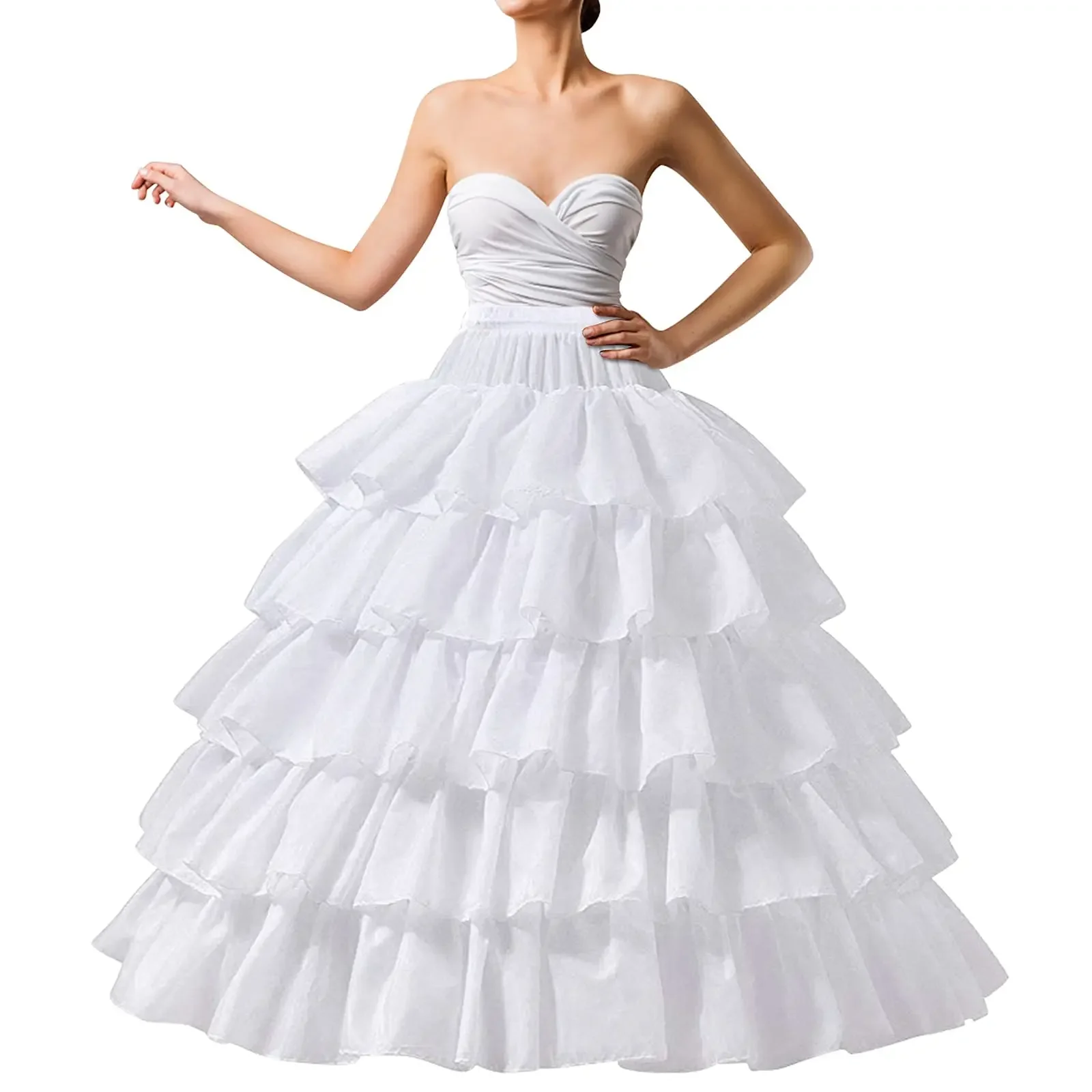 Full Shape Skirt 5 Ruffles Layers Ball Gown Petticoat Underskirt Slip for Wedding Dress Adjustable Waist (White 4 Hoops)