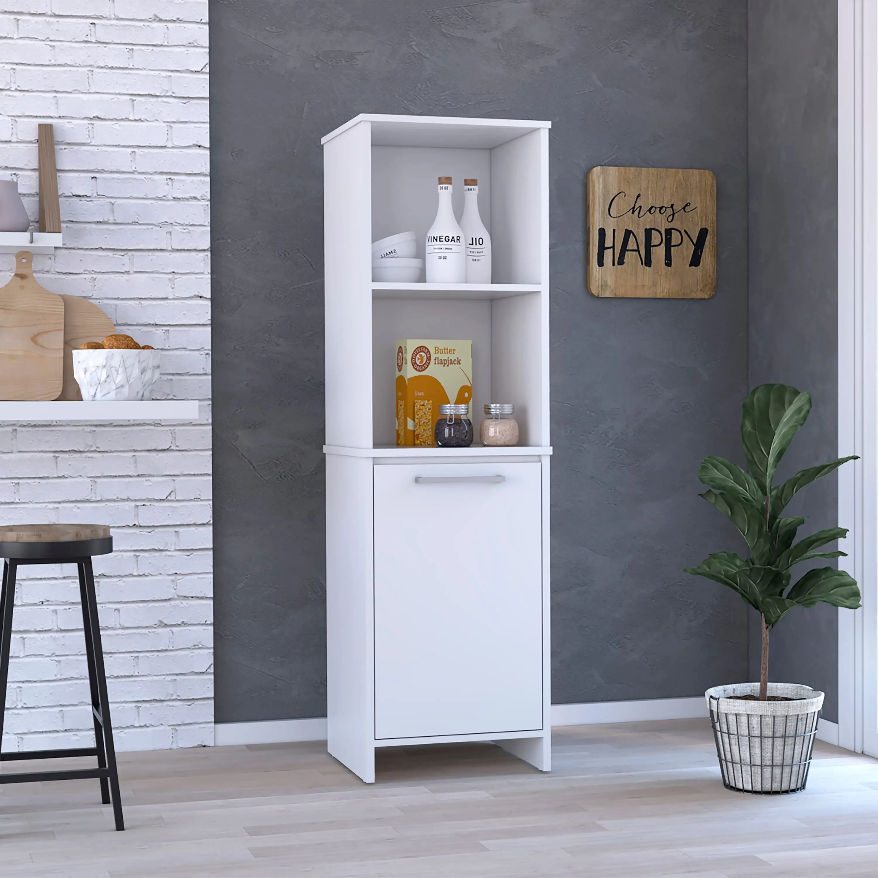 Eiffel Kitchen Pantry, Two External Shelves, Single Door Cabinet, Two Interior Shelves White White