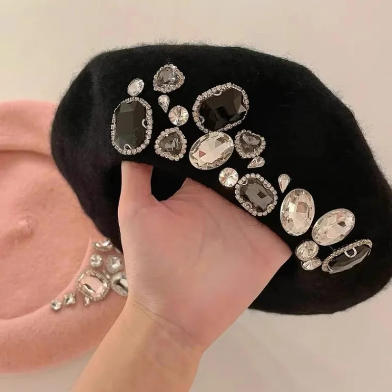 

Brand Thick Winter Artist French Beret Girl Women Painter Hat Girls Female Warm Luxury Rhinestone Cap Beanies Sombreros De Mujer