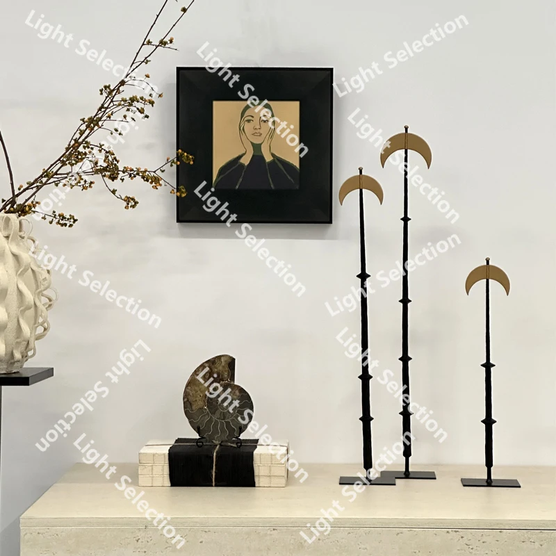

French Medieval Wabi-sabi Wind Metal Crescent Three-piece Ornament Tea Room Study Desktop Home Decoration