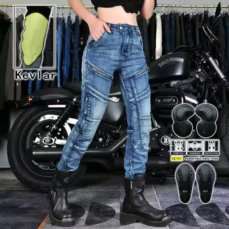 New Motorcycle Zipper Womens Elastic Jeans Motorcycle Riding Rider Pants With Protective Tear-resistant Washed Motocross Pants