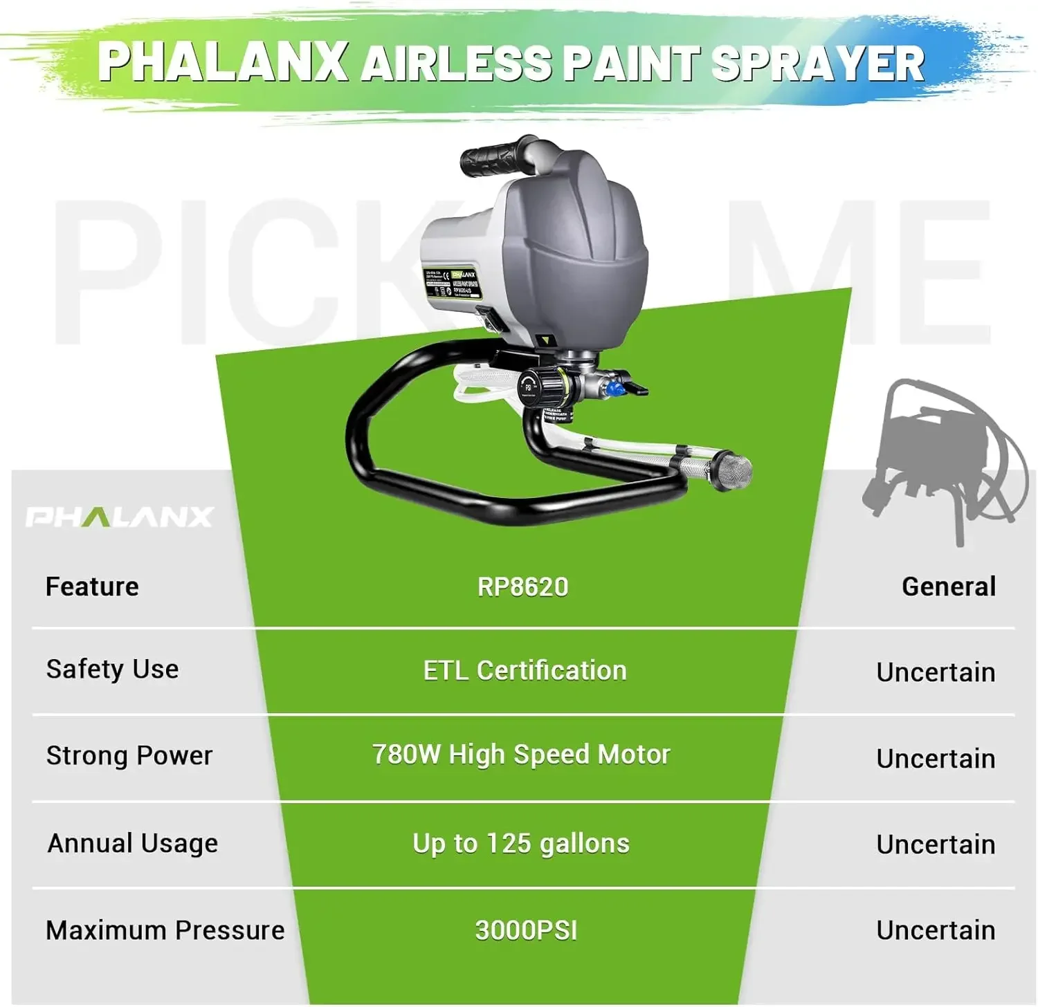 PHALANX Безвоздушный распылитель краски, высокоэффективный безвоздушный распылитель мощностью 7/8 л.с., 780 Вт, электрический распылитель краски 3000 фунтов на квадратный дюйм с чистящим киром