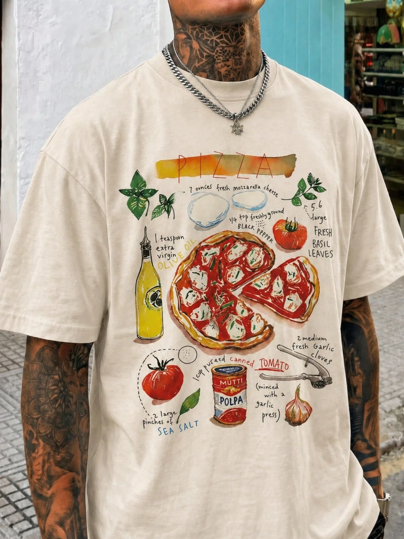 Men's Pizza Recipe Print Loose Fit T-Shirt, Soft Touch Apricot Casual Street T-Shirt, Soft Touch Apricot Cas