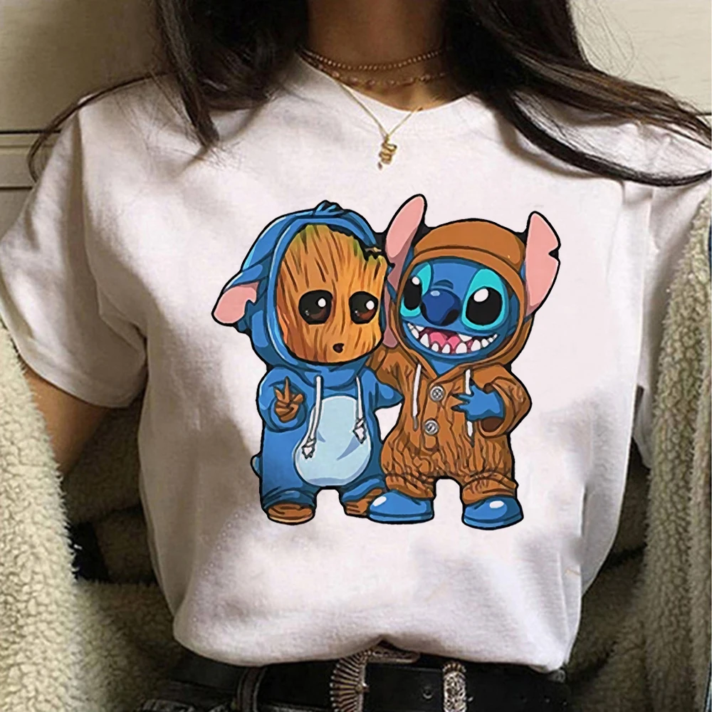 Disney Women T-shirts Cute Funny Groot Stitch Print Fashion Instagram Femme Vetement Soft Cute Summer Men T Shirt Girls Clothes