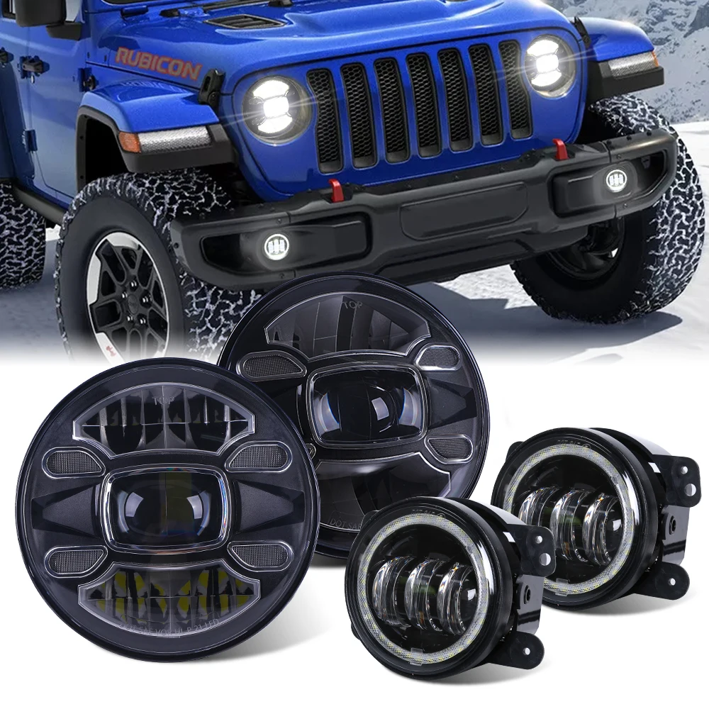 

Set For Jeep Wrangler JK JKU TJ LJ 1997-2018 7inch Round LED Headlights with Halo Ring DRL High Low Beam + 4inch LED Fog Lights