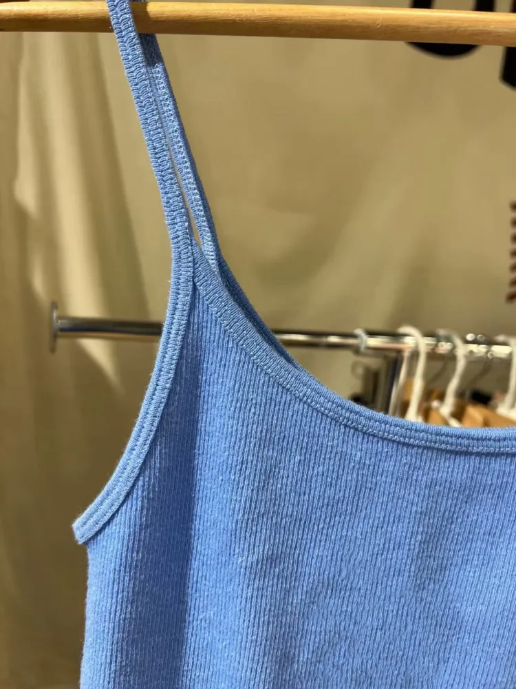 Casual Women Cotton Blue Slim Camis 2023 Summer Vintage Sleeveless Solid Color Tops Female Crop Tops