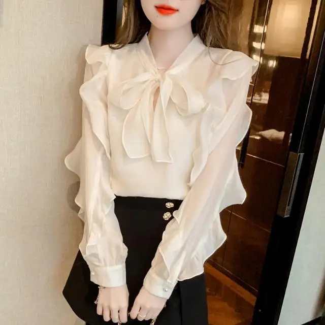 French Style Chiffon Shirt Women\'s New Style Small Shirt Fashionable High-end Bow Long Sleeved Top