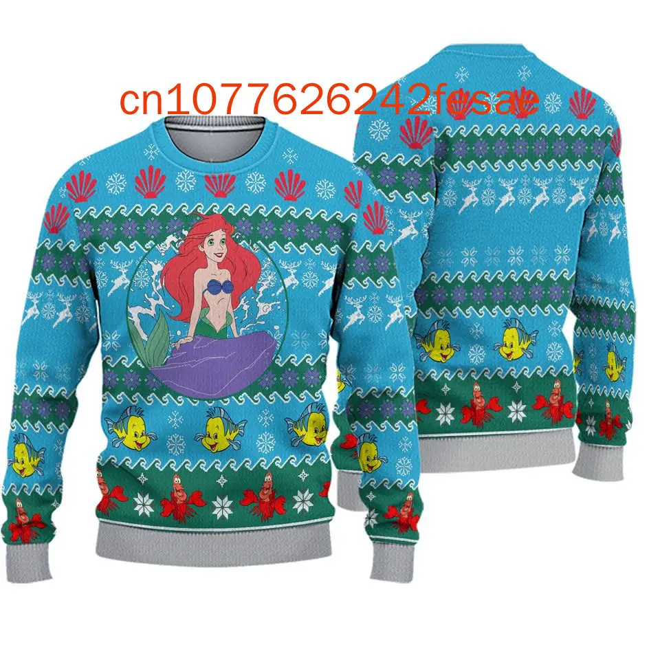 The Little Mermaid Ariel Ugly Christmas Sweater 3D Printed Casual Street Y2K Men's and Women's Long Sleeve Round Neck Top