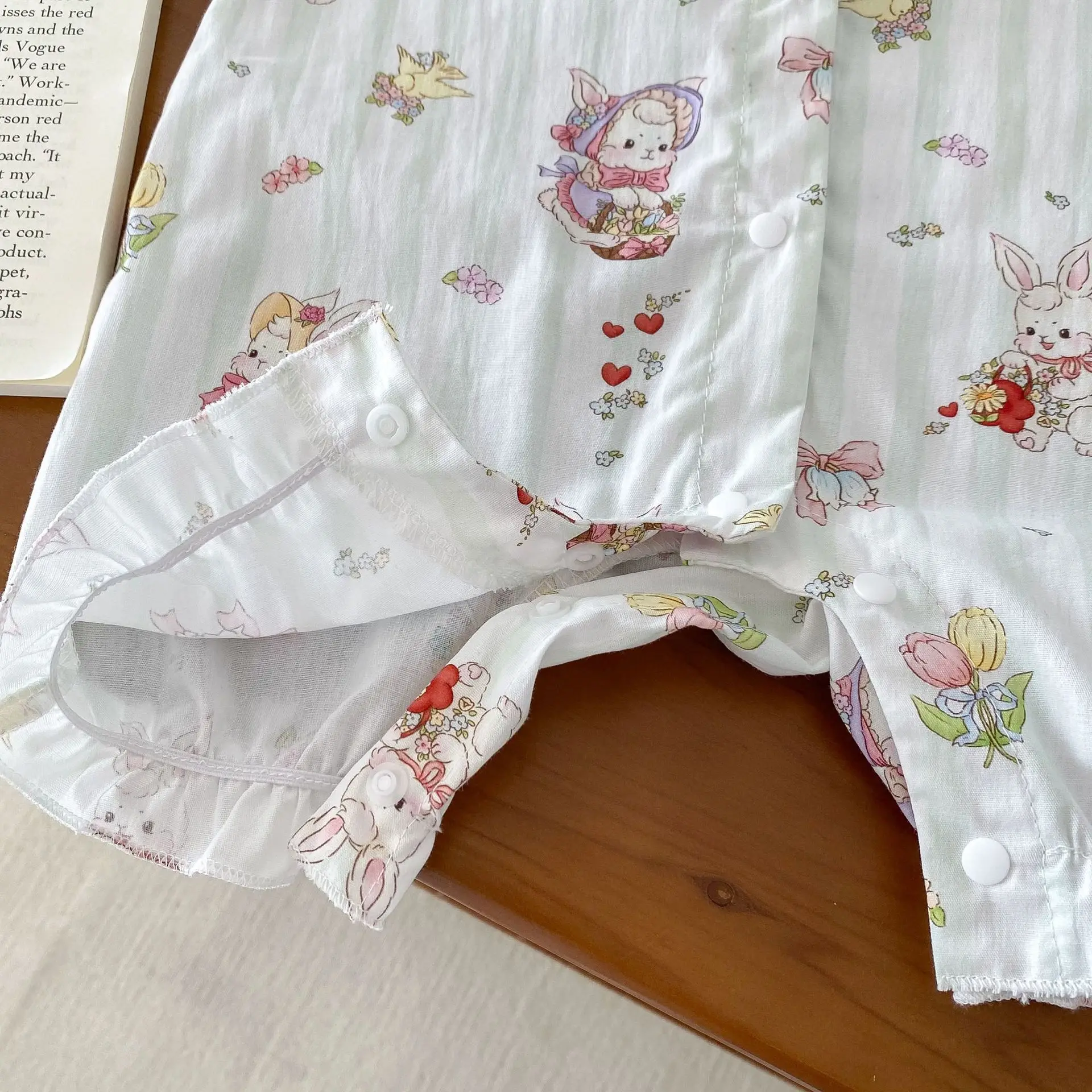 2024 Summer New in Infant Baby Girls Cute Clothing - Kids Newborn Short Sleeve Cartoon Bunny Peter Pan Collar Ruched Romper 0-2Y