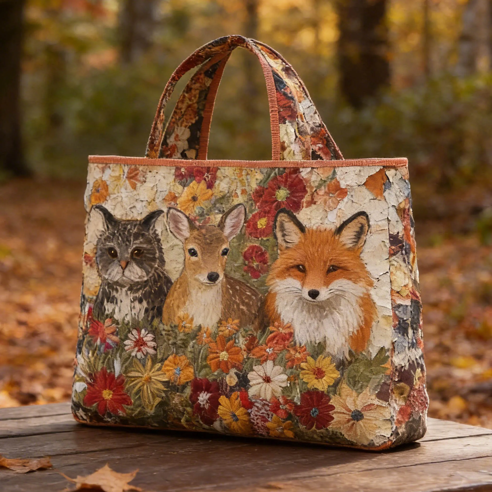 

Винтажная стеганая сумка-тоут с принтом лесных животных (лиса, олень, сова), художественная ретро-сумка через плечо для повседневных поездок