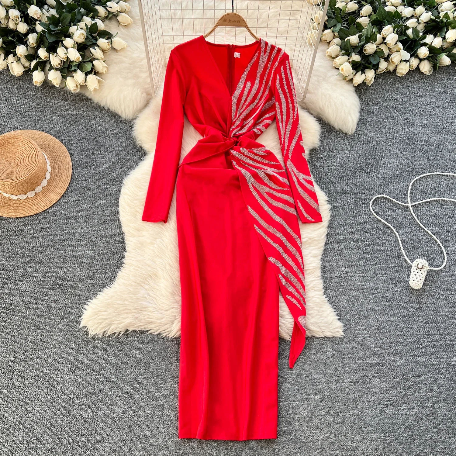 Elegant V-neck Vintage Long Sleeves Chic Twisted Rhinestone Split Slim Long Dresses Evening High Street Autumn Winter Clothing