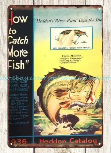 1936 Heddon fishing baits metal tin sign interior design and decoration