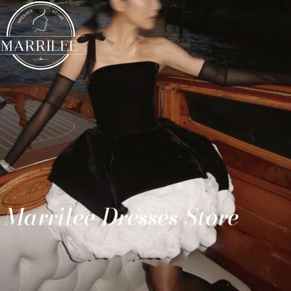 Marrile Customized Short Prom Dress Black Girls Velvet Fabric Giant Organza Flowers Black Gown Evening Dress Graduation Sexy