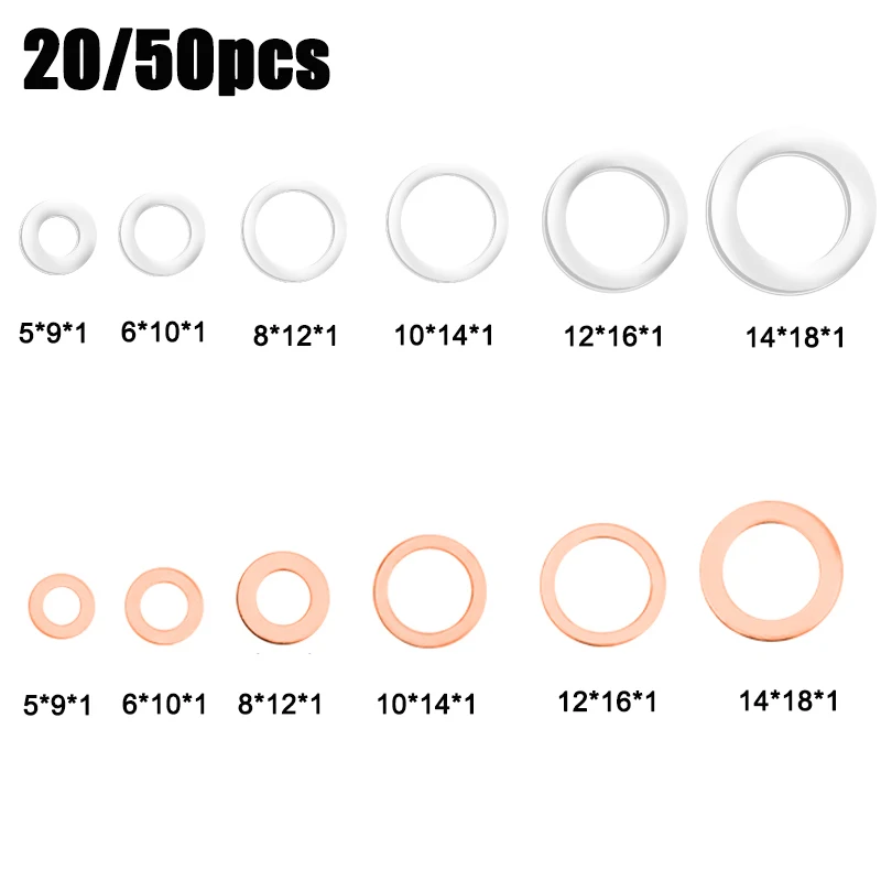 

20/50pcs Stainless Steel Aluminum/Copper Flat Washer M5 M6 M8 M10 M12 M14 Plain Gasket Sump Plug Oil Fittings Sealing Washers