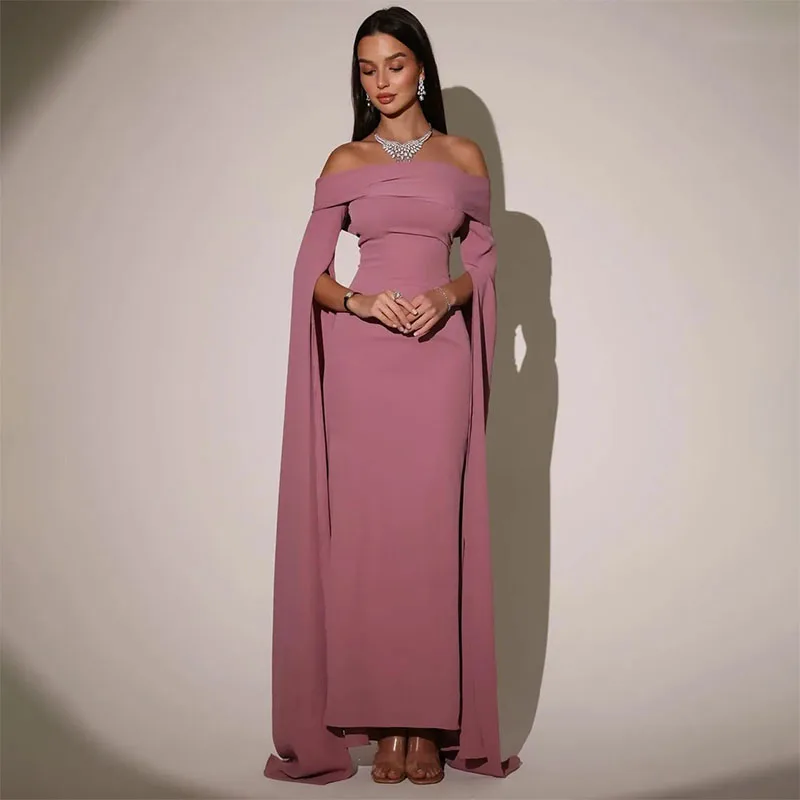 

Elegant Long Pink Off The Shoulder Evening Dresses with Slit Sheath Long Sleeve Dubai Ankle Length Prom Dresses for Women