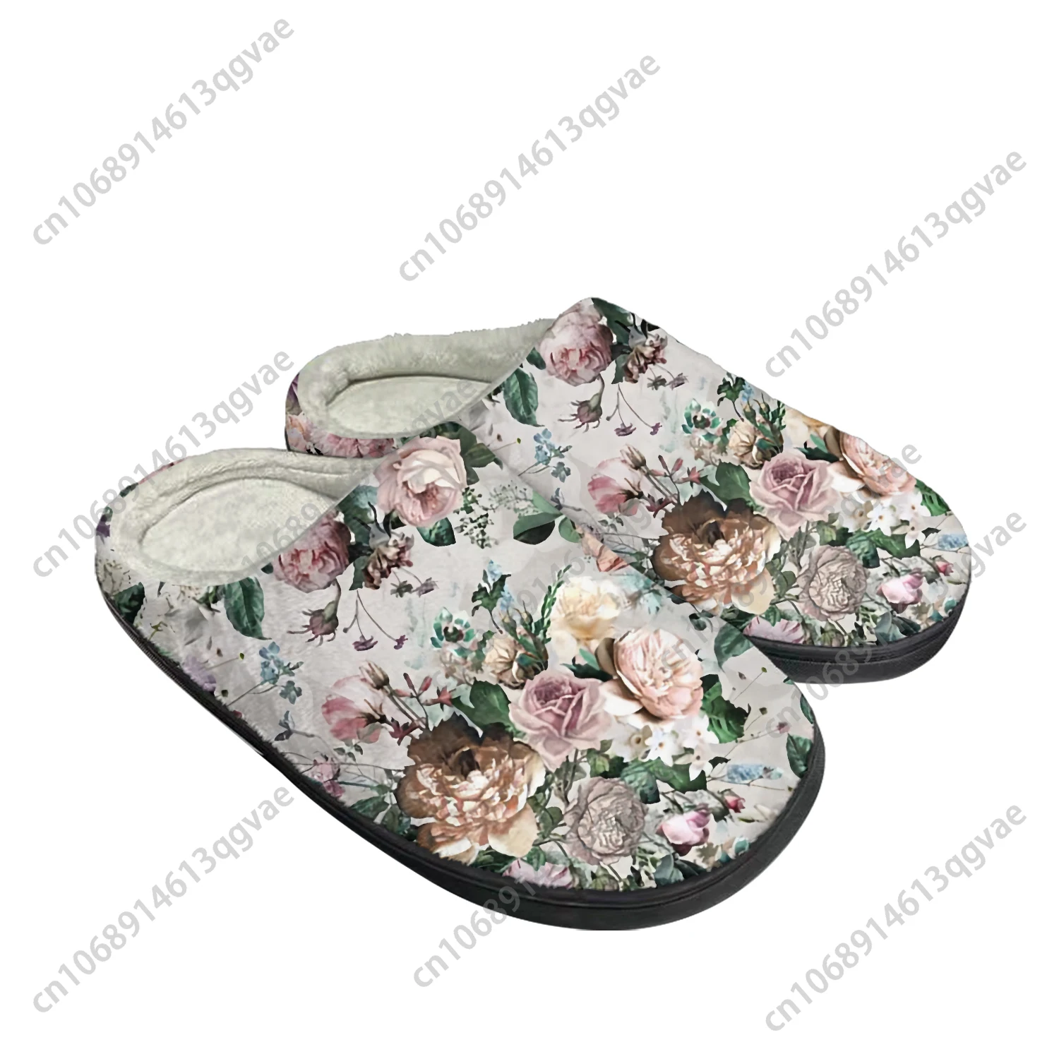 Pretty Dark Tropical Flower Print Home Cotton Slippers Mens Womens Custom Plush Bedroom Keep Warm Shoes Thermal Indoor Slipper