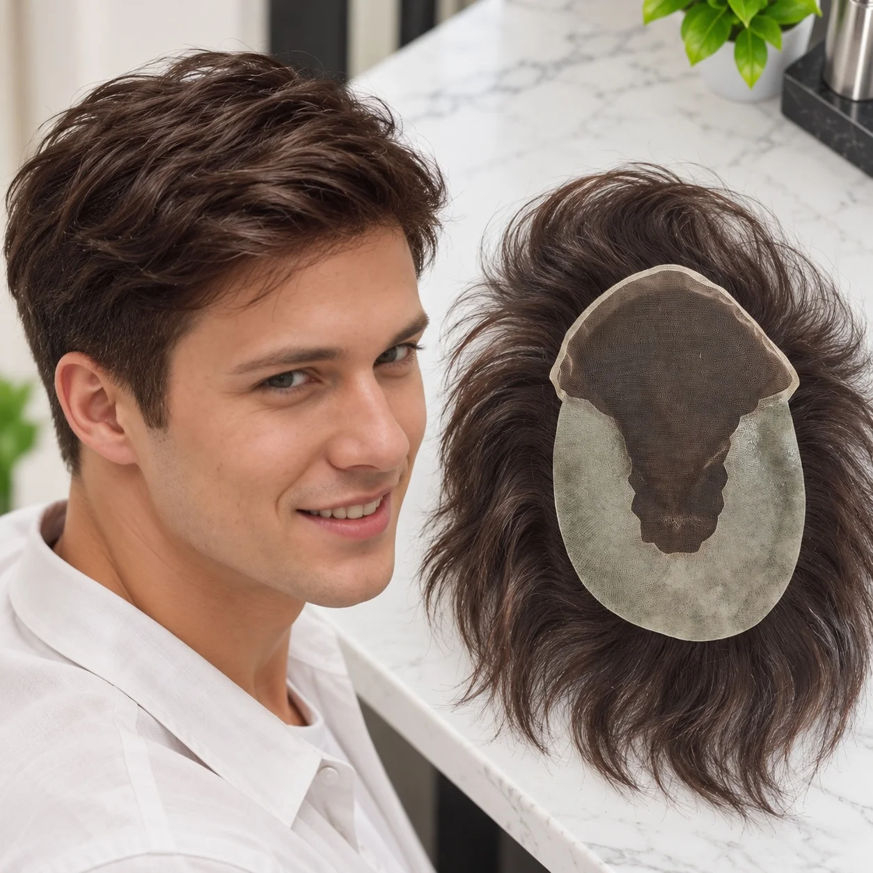 Men's Indian Human Hair Toupee 6x9 2# Brown 6 Inch 40mm Waves 110% Density Lace with PU Base