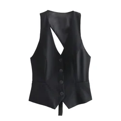 Zach Ailsa 2024 Spring New Product Women's Casual Versatile V-neck Single breasted Sexy Back Hollow Vest Vest Vest