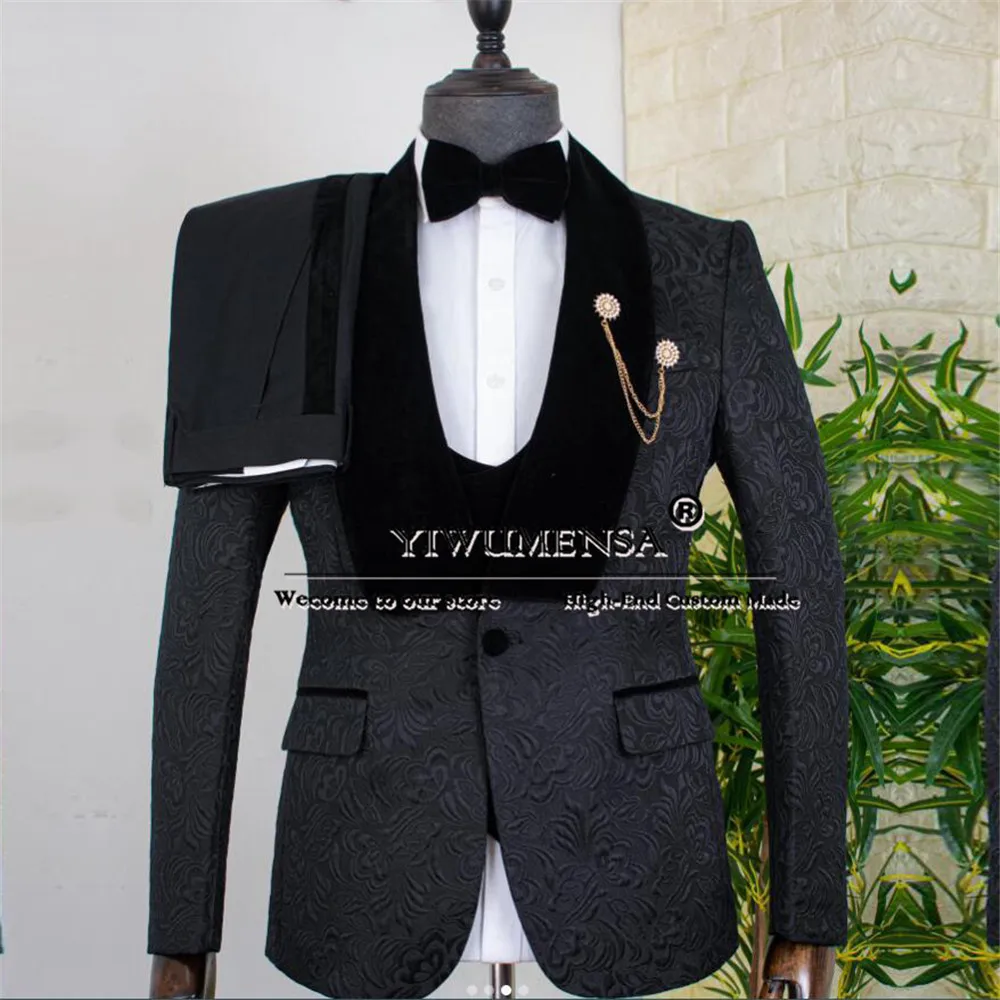 Jacquard pengantin pria elegan Tuxedo hitam syal Lapel beludru jaket rompi celana 3 buah pakaian pria bisnis pakaian dibuat khusus