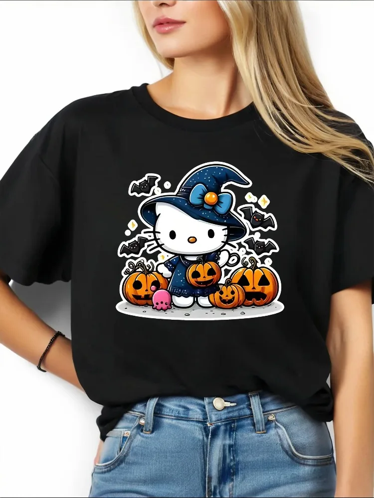 ハローキティ レディース Tシャツ かわいいポップスタイル 魔女とピンクのカボチャプリント ラウンドネック 半袖 カジュアルウェア 原宿シャツ