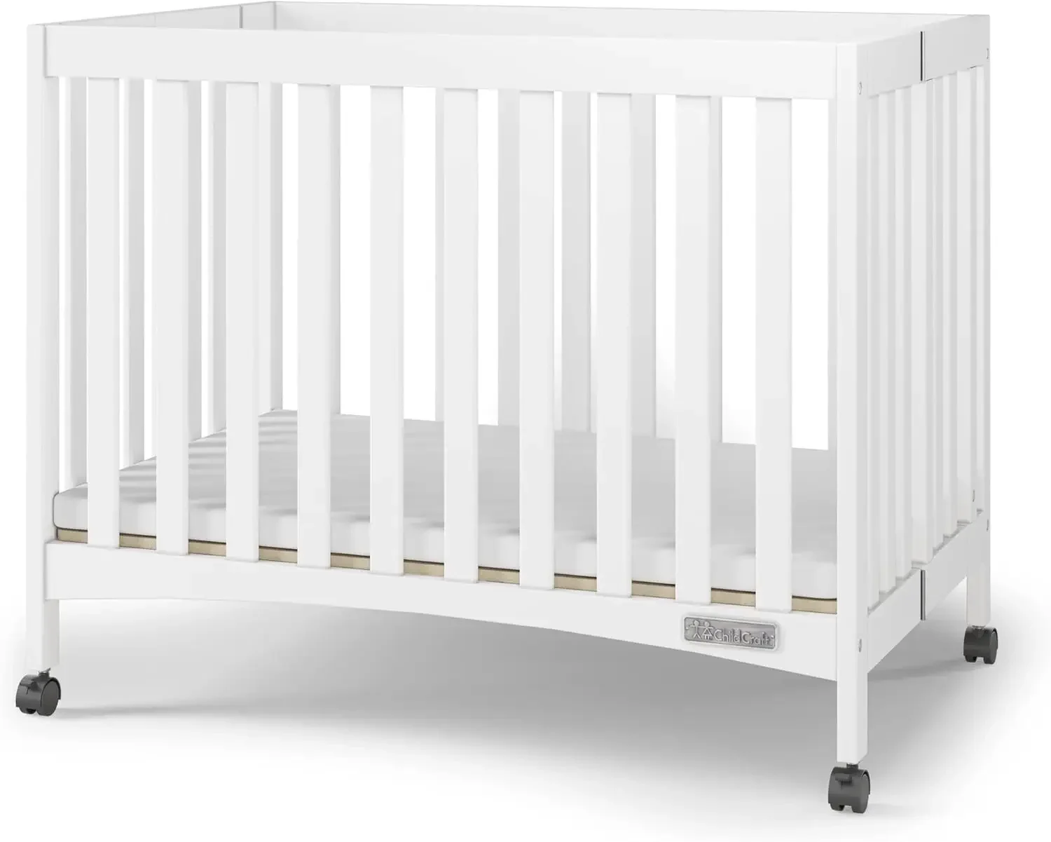 Child Craft London Mini Compact Folding Portable Crib with 2” Crib Mattress and 2 Easy Roll Locking Wheels, Durable Pine Wood