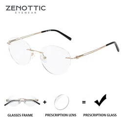 ZENOTTIC Pure Titanium Rimless Prescription Glasses Round Anti Blue Light/Photochromic Optical Myopia Eyeglasse for Women