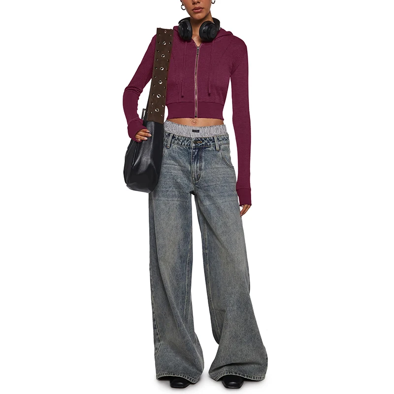 سترة نسائية جديدة للخريف والشتاء بلون واحد مع قلنسوة بسحاب ملابس خروج رائعة بأكمام طويلة مع قلنسوة سترة مقصوصة سوداديرا فيخد إزخاب