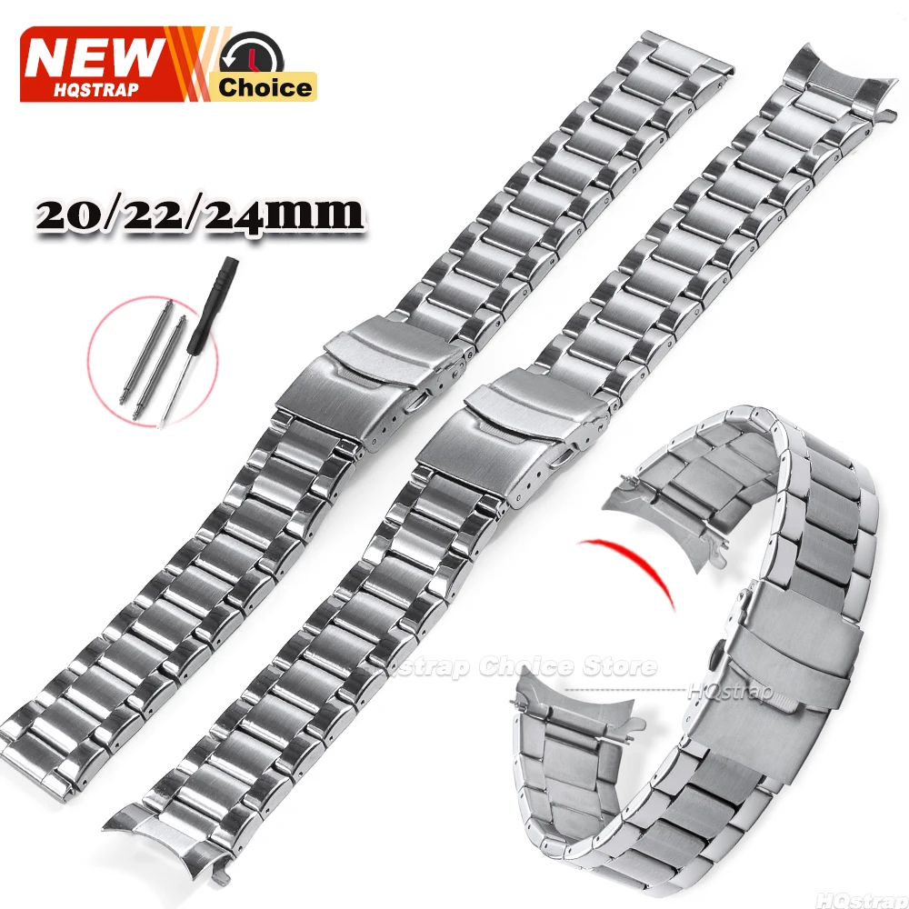 Flaches, gebogenes Ende, Universalarmband, 20 mm, 22 mm, 24 mm, Edelstahl-Uhrenarmband, Damen-Herren-Armband, silberfarbenes Metallarmband
