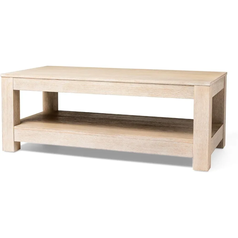 Paulo Large 2 Tier Rustic Rectangle Wooden Center Coffee Table with Shelf Storage for Living Room in Weathered White Finish