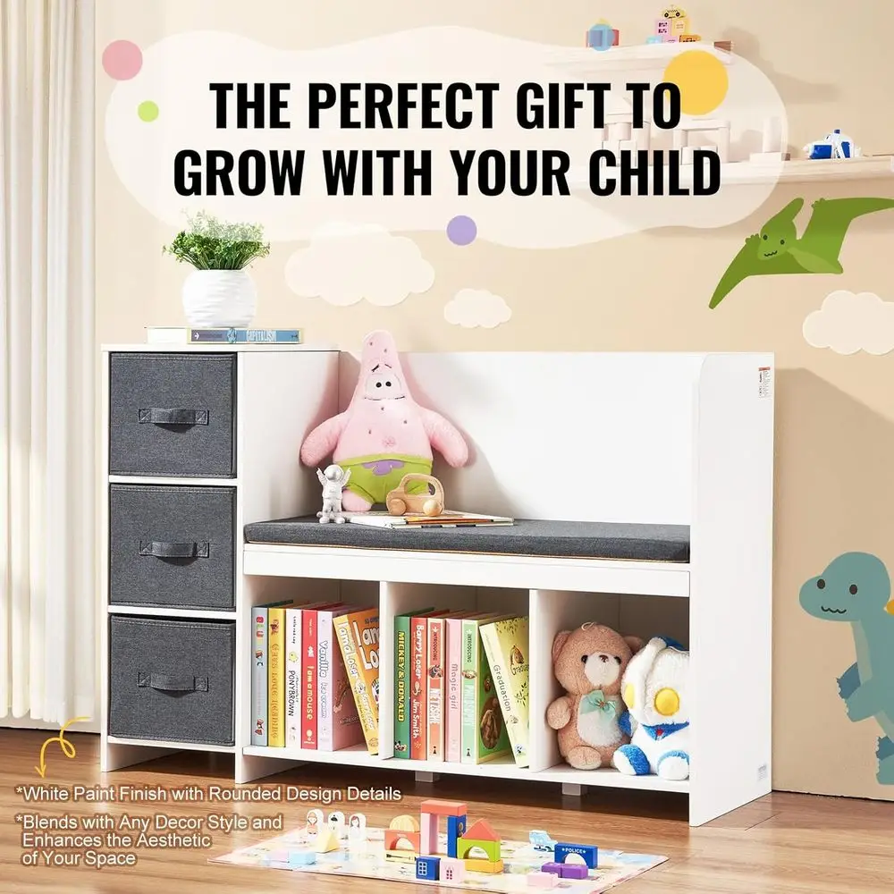 子供用読書コーナーベンチ、収納とクッション付き、6つのコンパートメントオーガナイザー、3つの引き出し付き本棚、プレイルーム、ベッドに最適