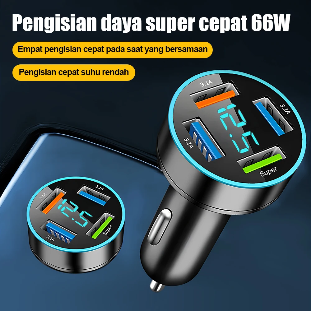 66W 4Port USB Car Charger Digital Voltage Display Fast Car Power Adapter RGB Ring Ambient Light Multi Port Car Cigarette Lighter