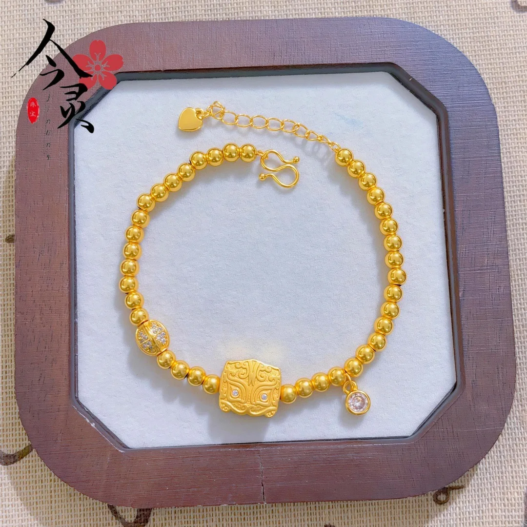 Six-Flower Lotus Pod Auspicious Beast Bracelet Women 24K Gold AU999 Classic Chinese Style, Blessing & Noble