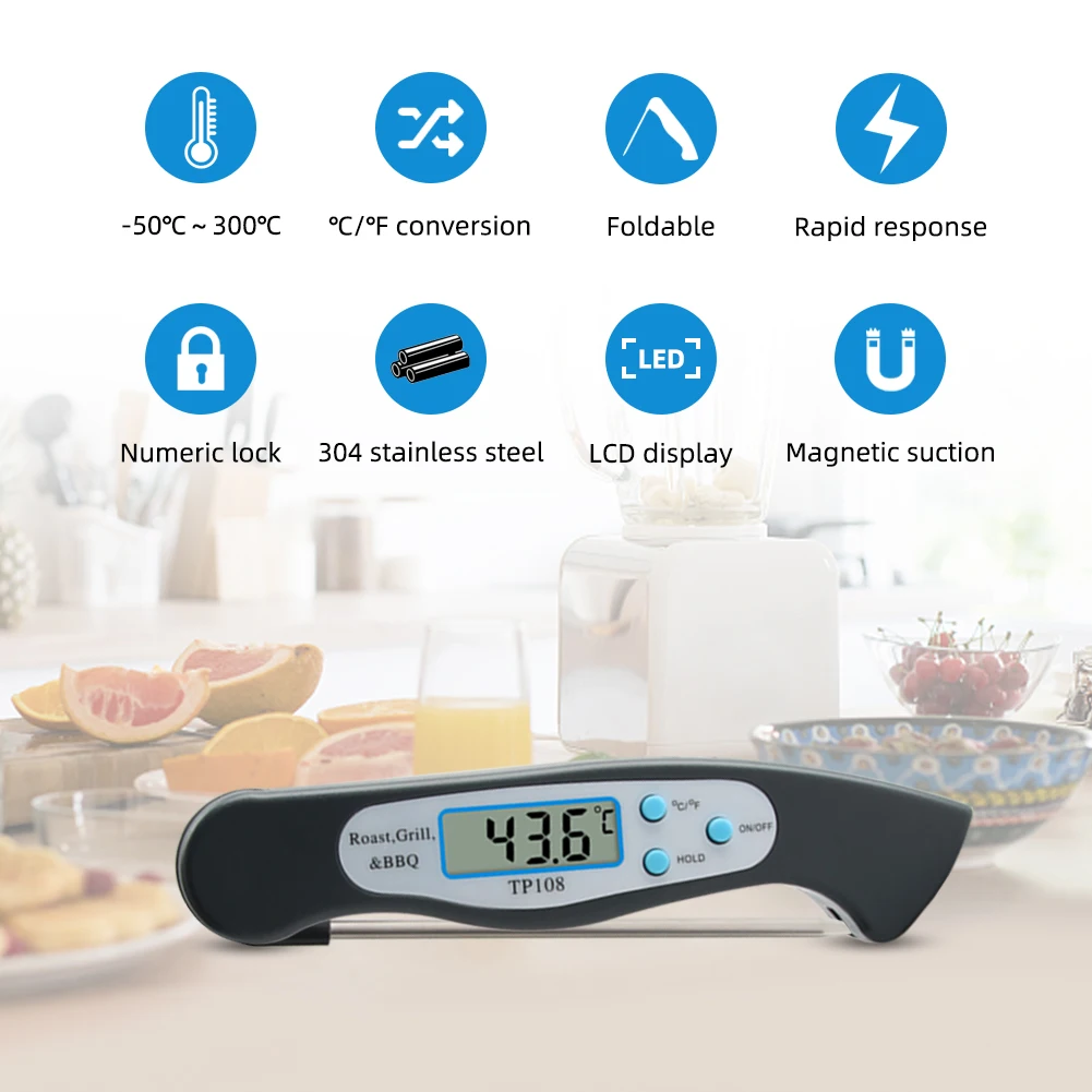 Digital Food Thermometer -50℃-300℃ BBQ Meat Cooking Kitchen Temperature Meter Folding Stainless Sensor for Milk Oil Roast Baking