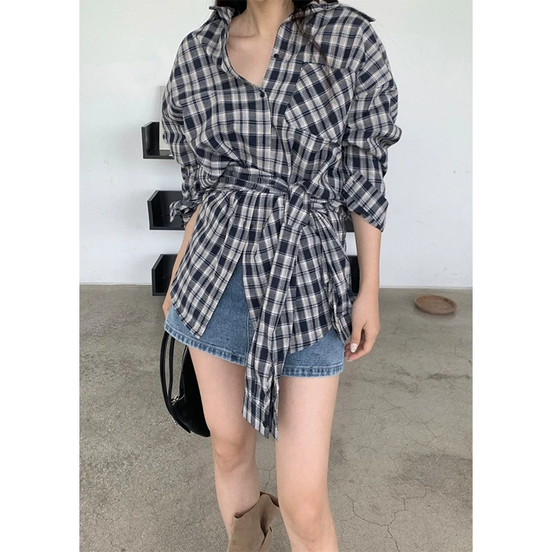 

MEXZT Vintage Plaid Shirts Women Harajuku Streetwear Bandage Blouses Spring Autumn Ladies Korean Long Sleeve Pocket Casual Tops
