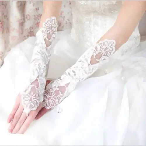 New Style Fresh Looking Gloves Bridal White Fingerless Lace Sequin Satin Wedding Fancy Dress