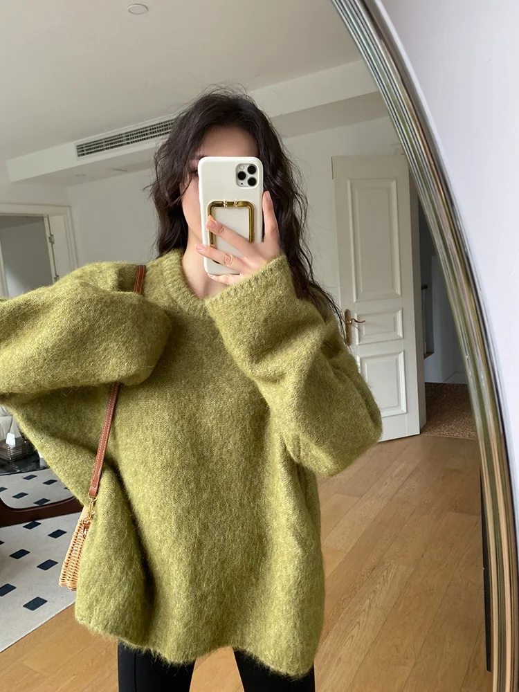

Soft Cozy round Ne Knitted Alpaca Wool Sweater Women Thi Warm Commute Sle Loose Fit Pure Color Long Sve Sweater