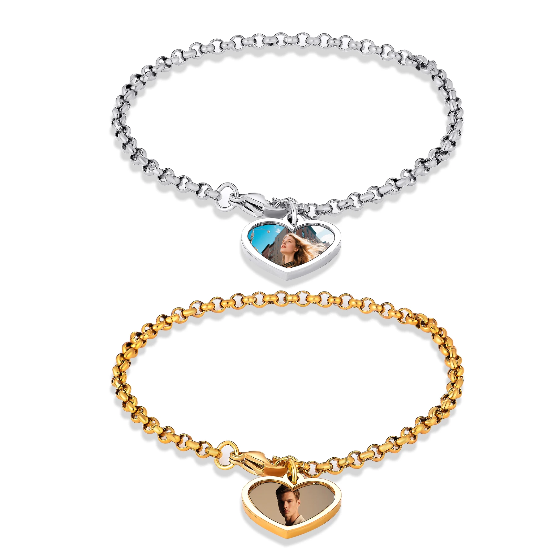

Personalized Heart Bracelet Engraving Photo Name Custom for Women Men Adjustable Chain Stainless Steel Chain Gifts