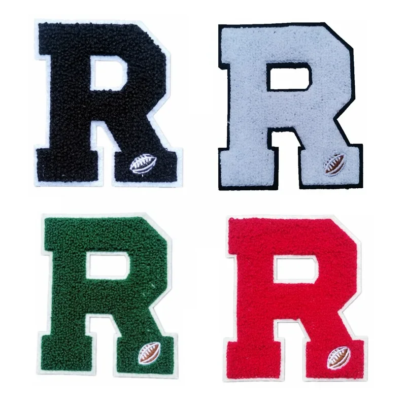 Fleece Embroidery Letter Sew on Patches Colored R Badge Rugby Emblem Appliques Fashion Logo for Boy Sweatshirt Hoodies DIY Decor