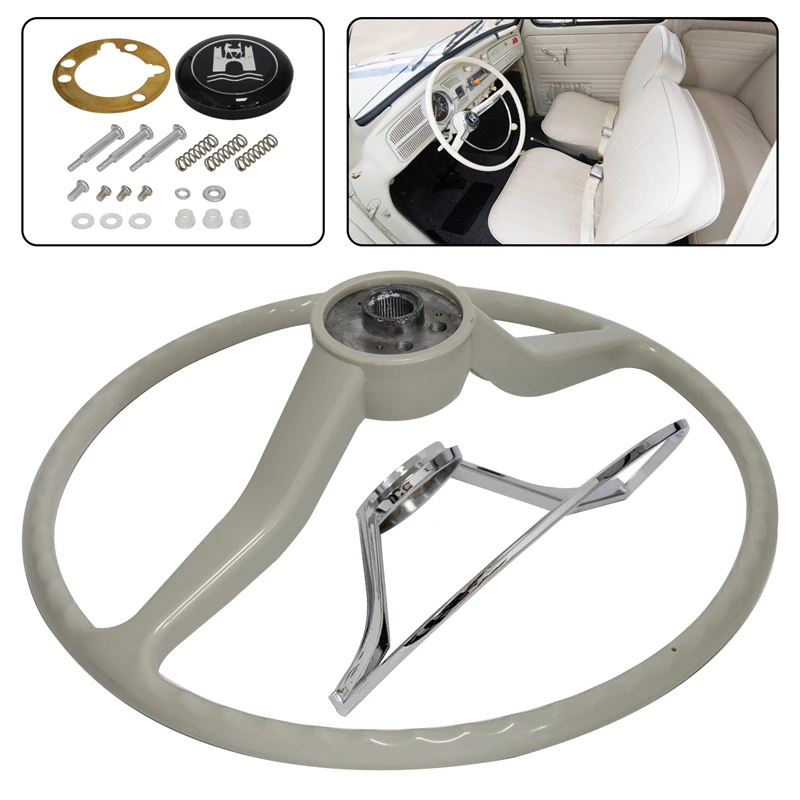 Steering Wheel with Chrome Ring &Horn Button Fits for Volkswagen Beetle 1962-1971