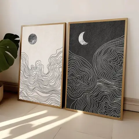 Abstract Neutral Boho Sun Moon Line Art Canvas Painting Print, Black and White Picture Artwork, Modern Minimalist Room Decor