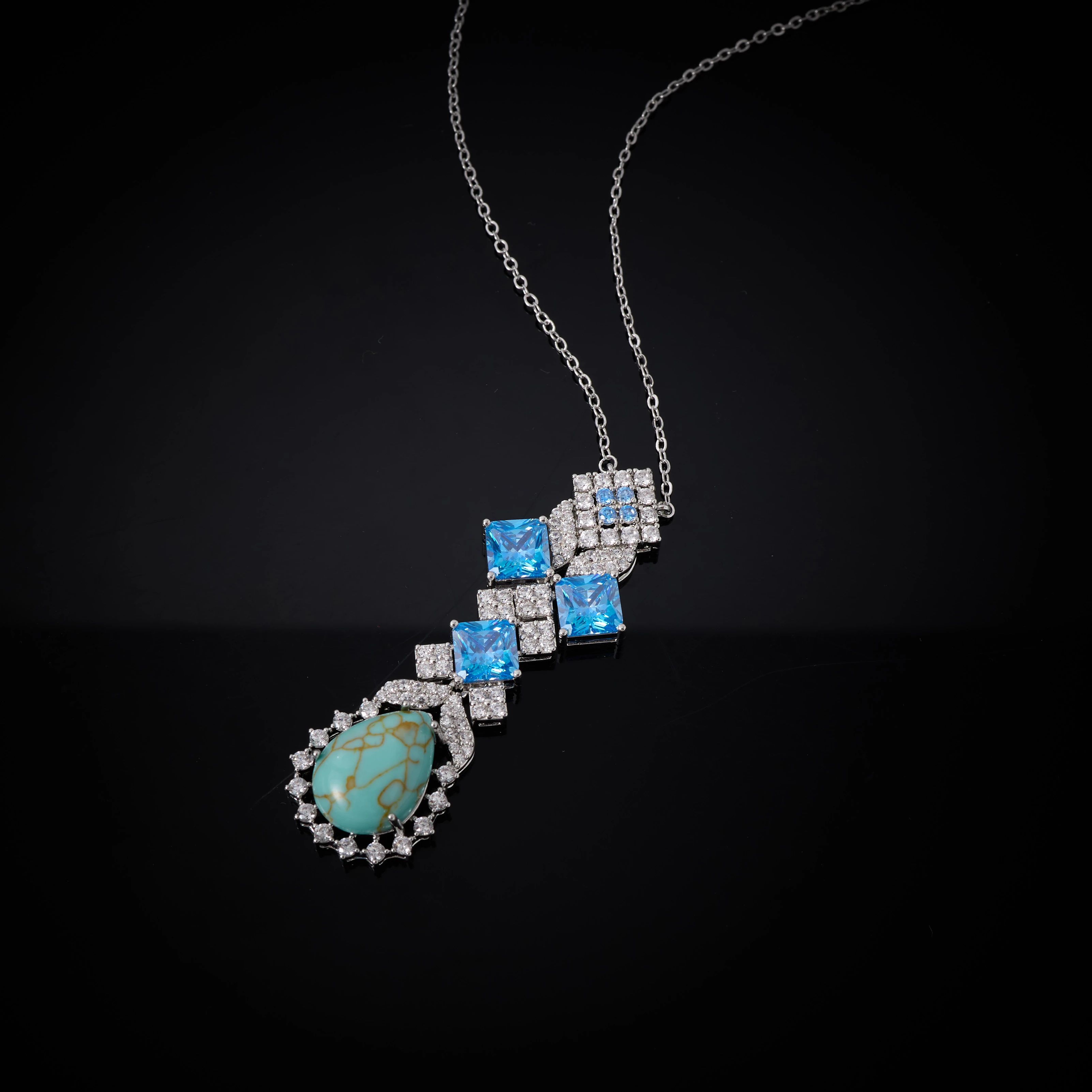 00019 Trendy Jewelery Set for Women Turquoi Necklace Set Cubic Zirconia Necklace /Earrings /Ring Bridal Party Accessory