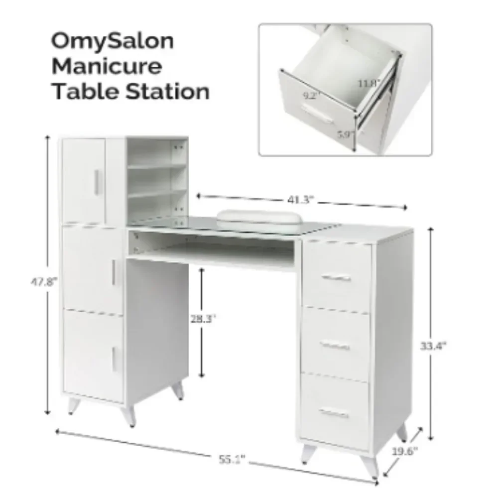 Nail Tables.Manicure Table  Desk for  Tech w/Glass Top & Wrist Rest,Beauty Salon Nail Supplies Decor Workstation Acetone