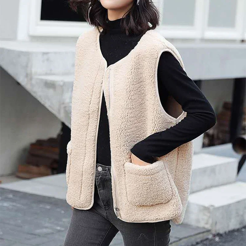 Fall Women Zipper Vest Coat Faux Lamb Fur Warm Cardigan Casual With Pockets Sleeveless Jackets Winter Office Thickened Vest Coat