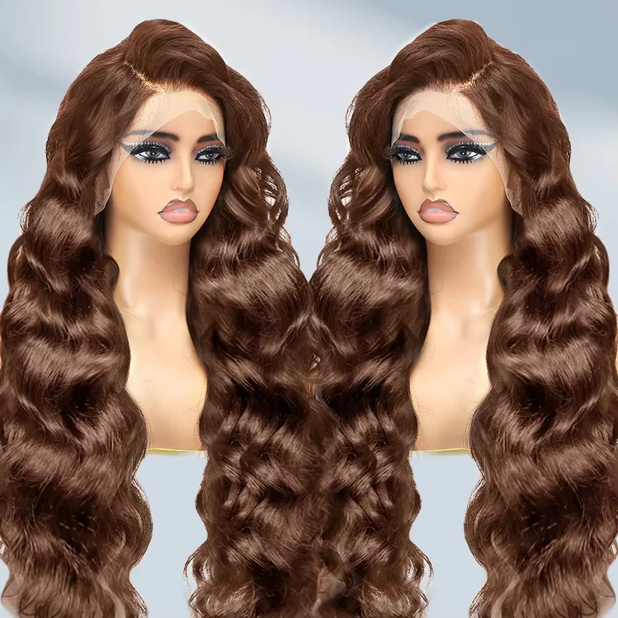 200 Density 13x4 HD Chocolate Brown Body Wave Lace Front Wig Human Hair Pre Plucked #4 Brown 13x6 Transparent Lace Frontal Wigs