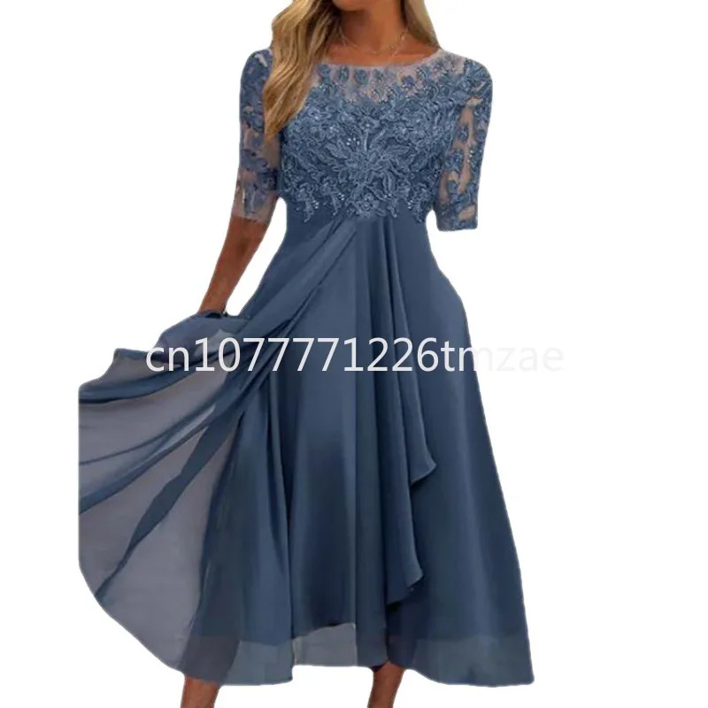 2023 European New Dress Chiffon Stitching Lace Hollow Long Dress Bridesmaid Evening Dress Women's Clothing