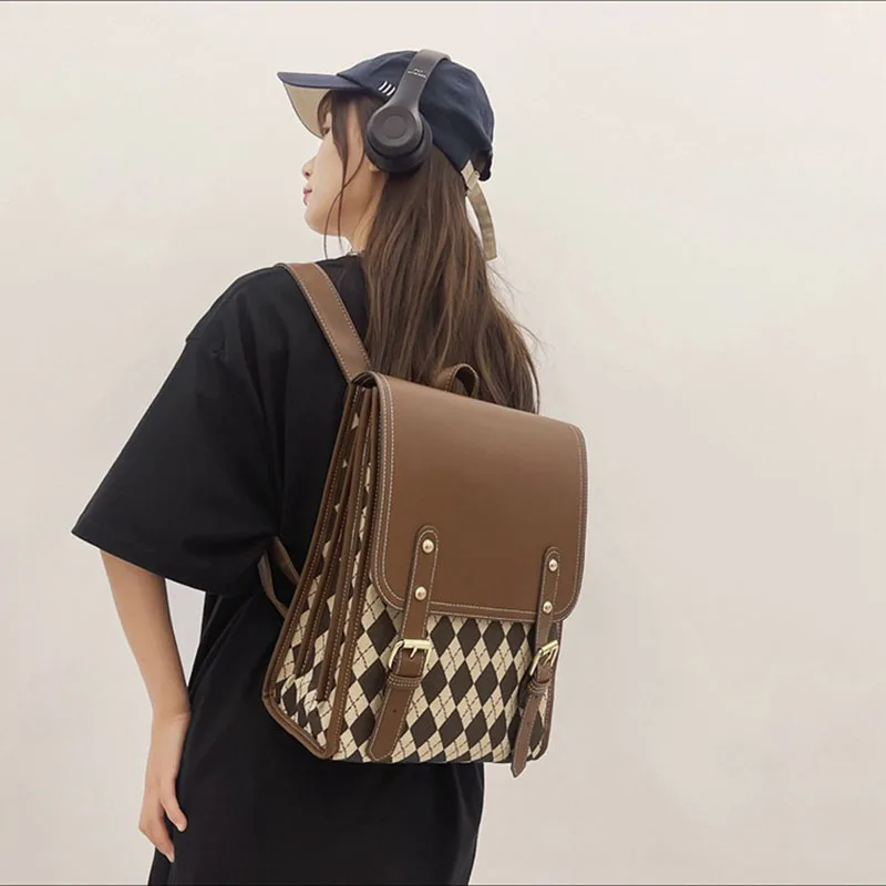 Korean Style Women\'s Backpack Fashion PU Leather Large Capacity Female Backpack sac a dos femme Luxury Lattice School Bag 2023