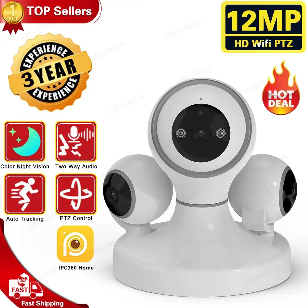 

12MP WiFi Surveillance Smart Home Baby Monitor Camera Three Lens Three Screens Indoor Wireless 360° HD Video Security IP Cameras