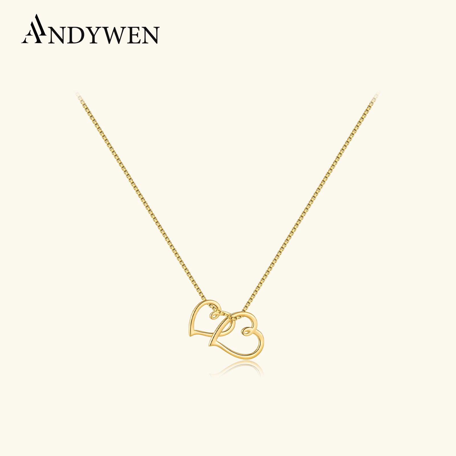 

ANDYWEN Minimalist Two Hearts Long Necklace, 925 Sterling Silver Love Pendant Couple Jewelry Women Gift for Anniversary